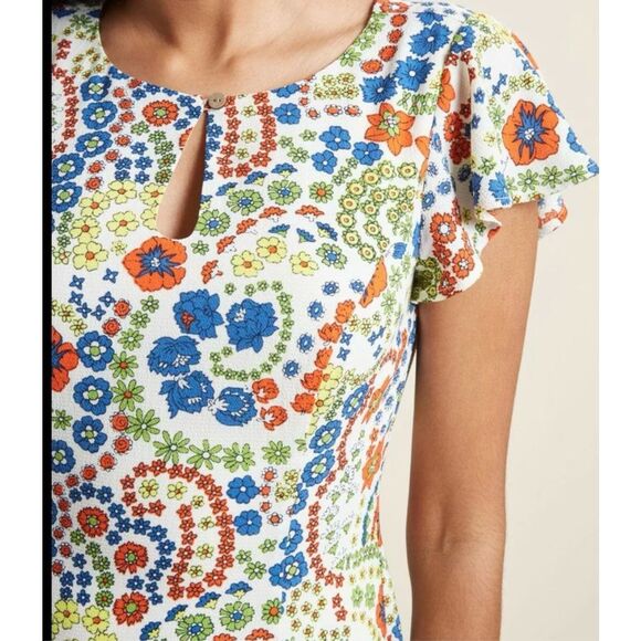 ModCloth Flirty Flair A-Line Floral Dress Large Crepe Mini Cottagecore Bloomcore - Picture 5 of 13